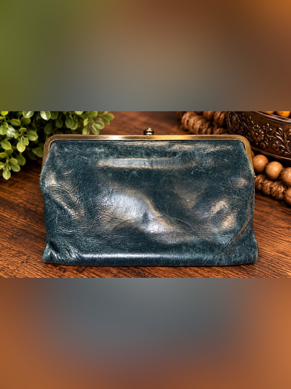 🍀HOBO Lauren Aged Deep Teal Leather Vintage Double Frame Wallet Clutch